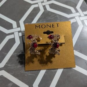 Monet Gold-Tone Clip Earrings with Deep Red Cabochons